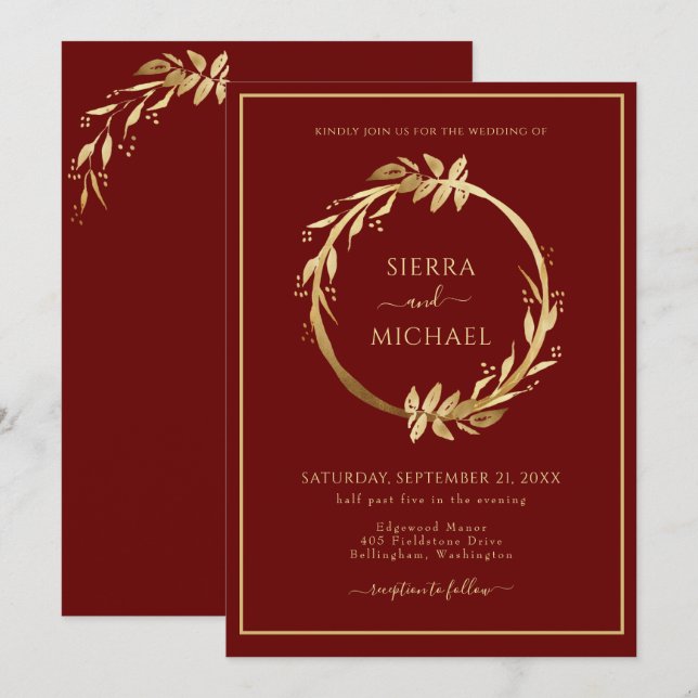 Eleganter Chic Golden Foliage Burgundy Wedding Einladung (Vorne/Hinten)