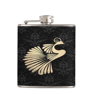 Eleganter Chic Goldpfau, schwarzer Damast Flachmann