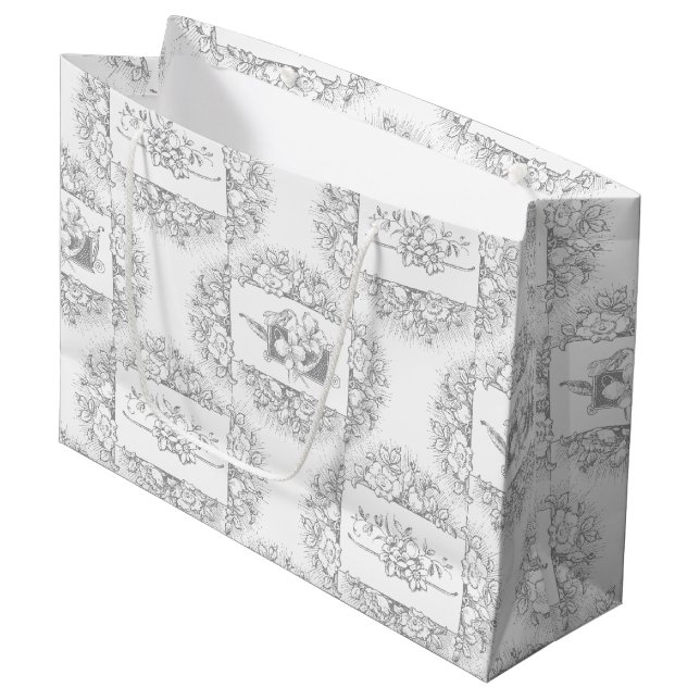 Eleganter Chic Gray und Weiß Gravur Große Geschenktüte (Vorderseite Schrägansicht)