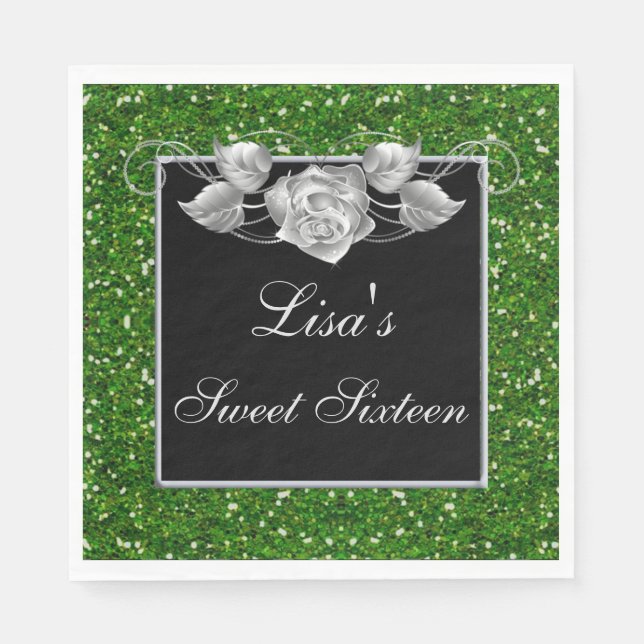 Eleganter Chic Green Glitzer Silver Rose Sweet 16 Serviette (Vorderseite)