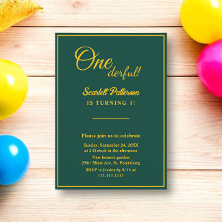 Eleganter Chic Green und Gold Minimal 1. Geburtsta Einladung