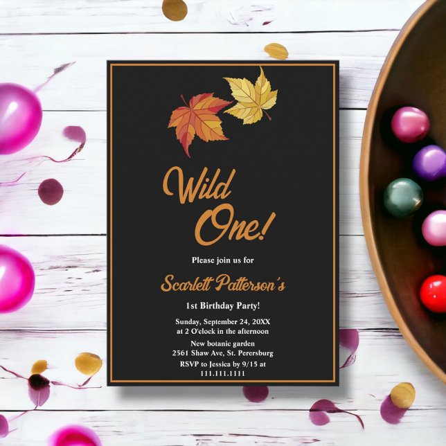 Eleganter Chic Herbstlaub Schwarz-weiß 1. Geburtst Einladung (Von Creator hochgeladen)