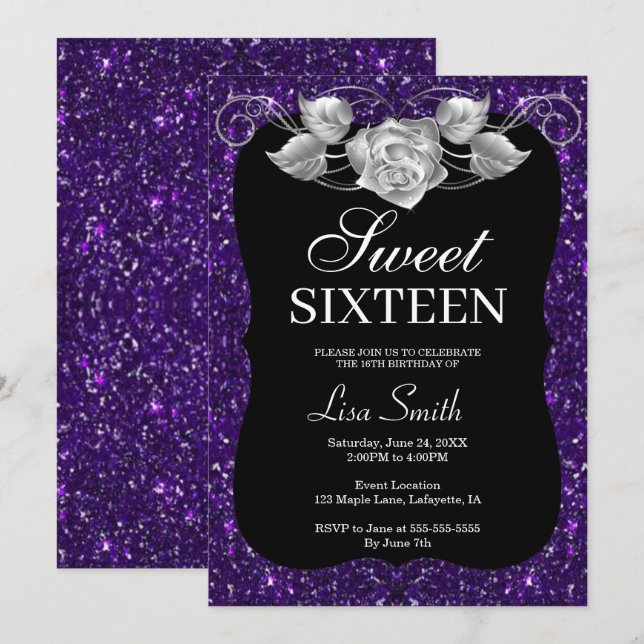 Eleganter Chic Lila Glitzer Silver Rose Sweet 16 Einladung (Vorne/Hinten)