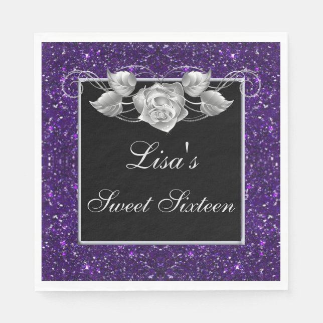 Eleganter Chic Lila Glitzer Silver Rose Sweet 16 Serviette (Vorderseite)