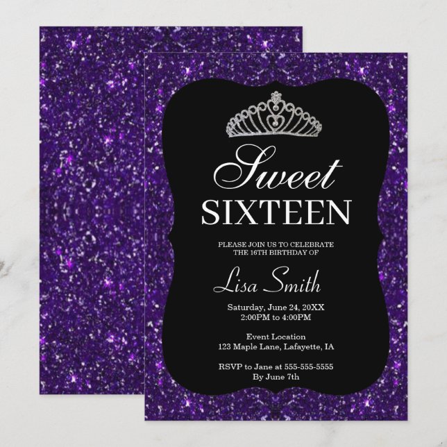 Eleganter Chic Lila Glitzer Tiara Sweet 16 Einladung (Vorne/Hinten)