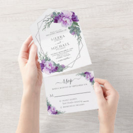 Eleganter Chic Lila & Silver Floral Wedding All In One Einladung