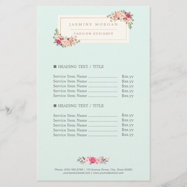 Eleganter Chic Pastel Watercolor Blumenpreis Flyer (Vorne)