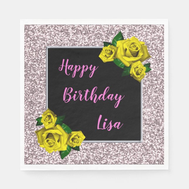 Eleganter Chic Pink Glitzer Gelbe Rosen Geburtstag Serviette (Vorderseite)