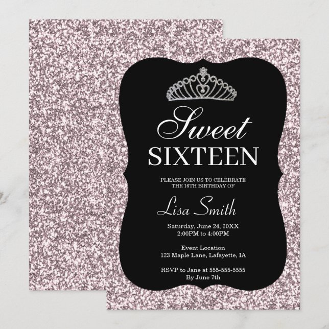 Eleganter Chic Pink Glitzer Tiara Sweet 16 Einladung (Vorne/Hinten)