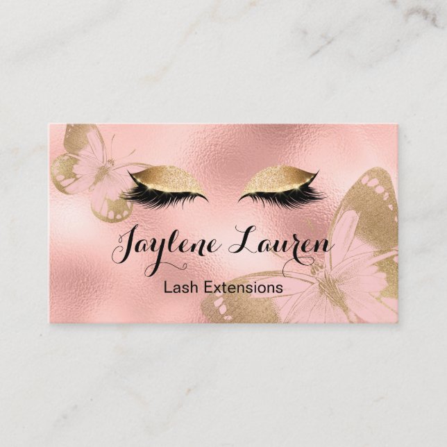 Eleganter Chic Pink Gold Butterfly Lashes Visitenkarte (Vorderseite)