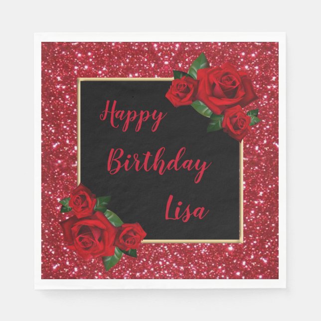 Eleganter Chic Red Glitzer Rote Rosen Geburtstag Serviette (Vorderseite)