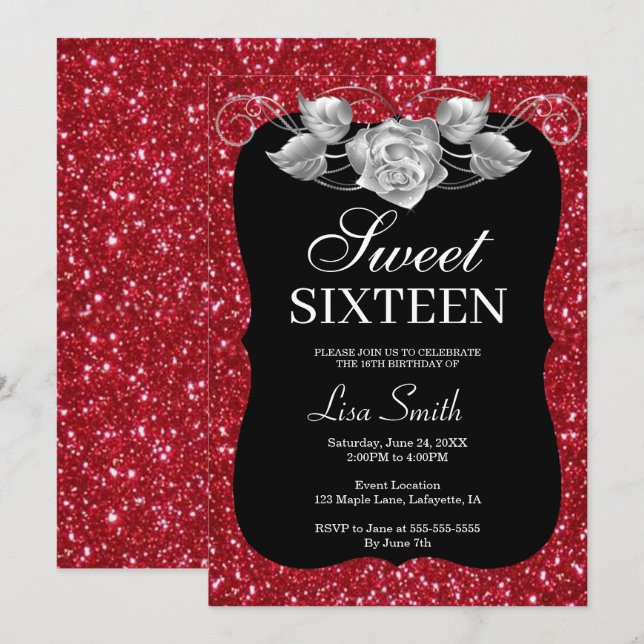 Eleganter Chic Red Glitzer Silver Rose Sweet 16 Einladung (Vorne/Hinten)