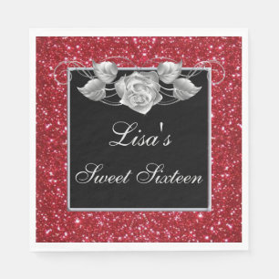 Eleganter Chic Red Glitzer Silver Rose Sweet 16 Serviette