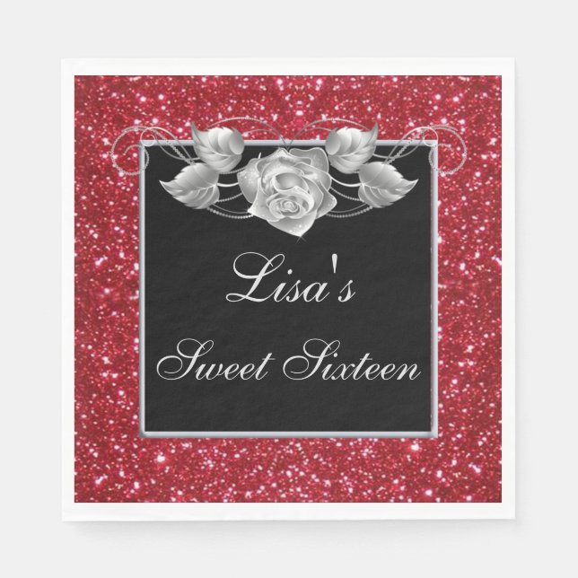 Eleganter Chic Red Glitzer Silver Rose Sweet 16 Serviette (Vorderseite)