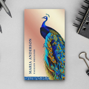 Eleganter Chic Roségoldfolie Blaue Indischer Pfau Visitenkarte