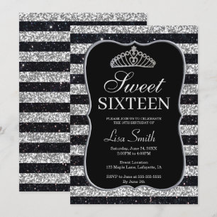 Eleganter Chic-Schwarz-Silber-Glitzertiara-Bonbon Einladung