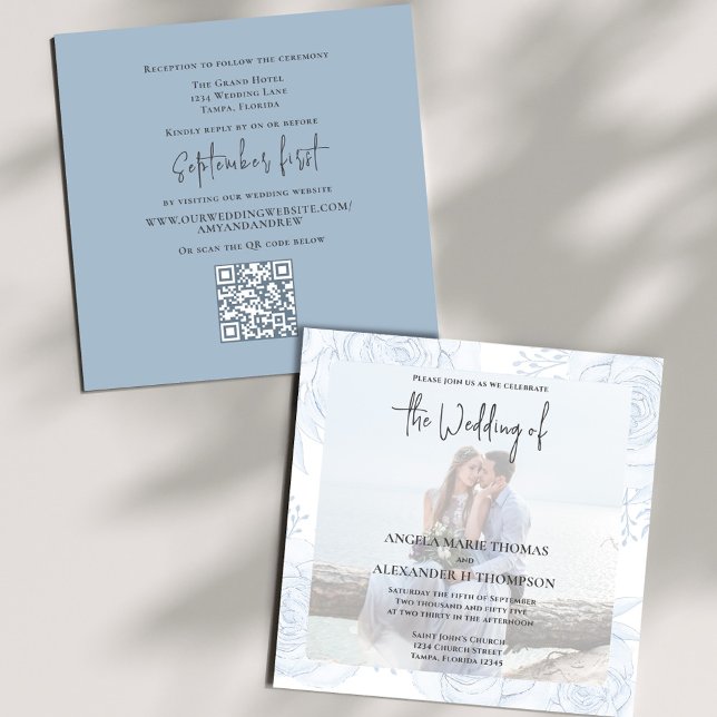 Eleganter Chic Simple Classic Dusty Blue Floral UA Einladung (Simple elegant Photo wedding invitation with a QR code for rsvp, template. )