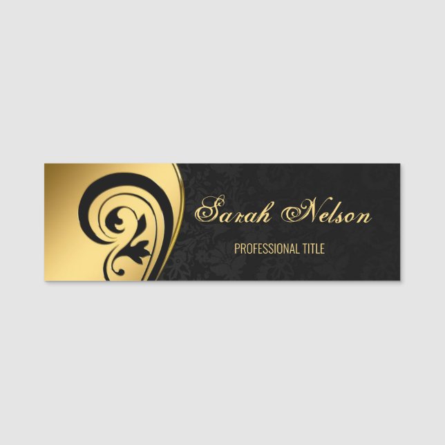 Eleganter Chic Stilvolle Gold Wirbel Black Damask Namensschild (Vorderseite)