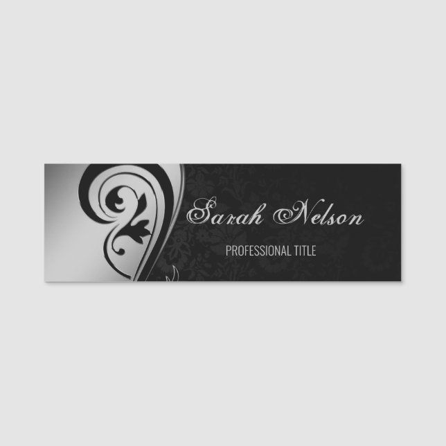 Eleganter Chic Stilvolle Gray Wirbel Black Damask Namensschild (Vorderseite)