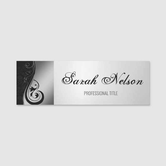 Eleganter Chic Stilvolle Gray Wirbel Damask Namensschild (Vorderseite)