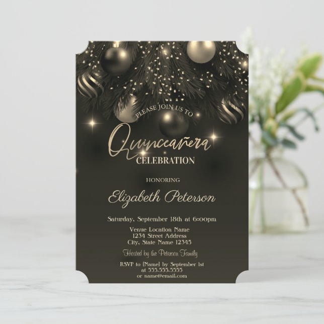 Eleganter Chic Stilvolle Ornamente Quinceañera Einladung (Stehend Vorderseite)