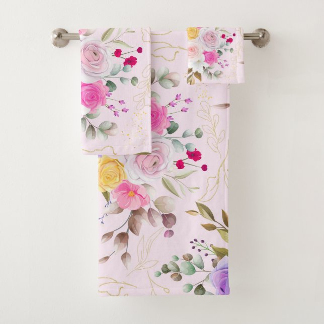 Eleganter Chic trendy Pink Blumen Badhandtuch Set (Insitu)