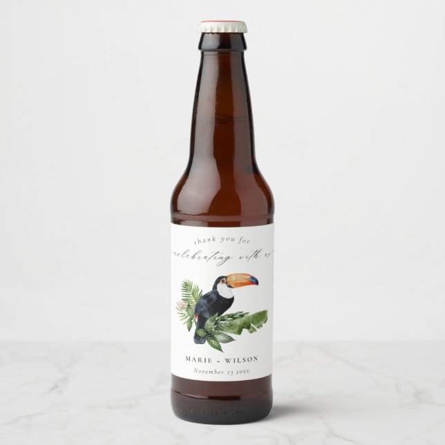 Eleganter Chic Tropical Rainforest Toucan Wedding Bierflaschenetikett (Vorderseite)