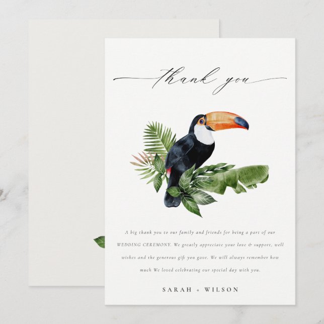 Eleganter Chic Tropical Rainforest Toucan Wedding Dankeskarte (Vorne/Hinten)