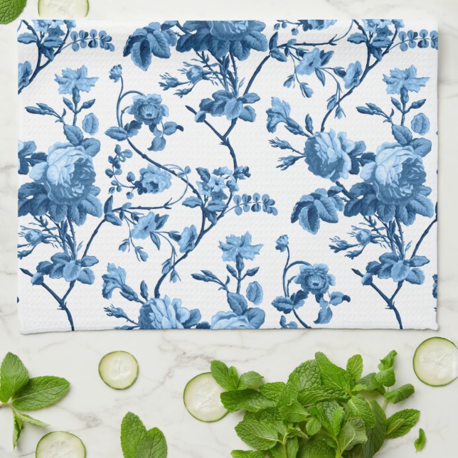 Eleganter Chic Vintag Blue Rose Floral Geschirrtuch (Gefaltet)