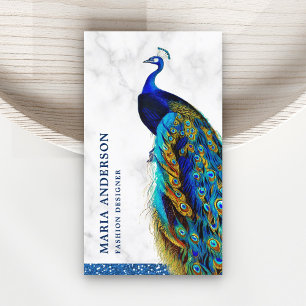 Eleganter Chic Weißer Marmor Blauer Indischer Pfa Visitenkarte