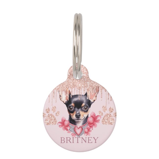 Eleganter Chihuahua-Hund mit Glitzer Personalisier Haustiermarke (Vorderseite)
