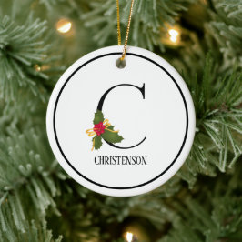 Eleganter Christmas Holly Monogram Letter C Keramik Ornament