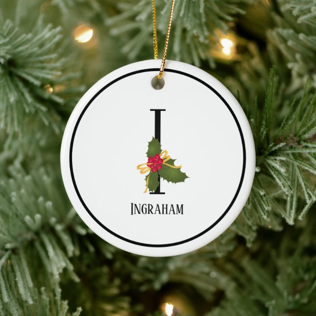 Eleganter Christmas Holly Monogram Letter I Keramik Ornament (Baum)