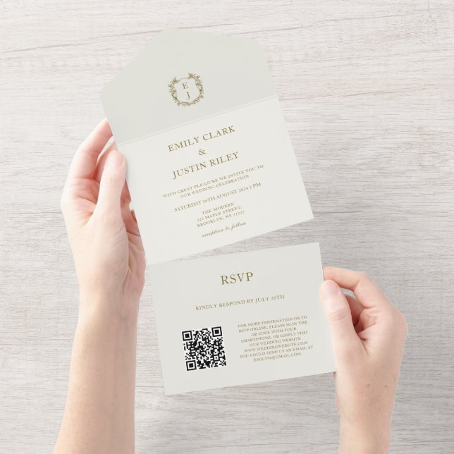 Eleganter Classic Gold Monogram QR Code Hochzeit All In One Einladung (Abreißen)