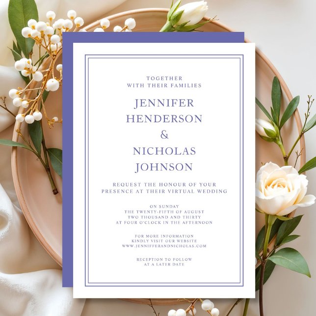 Eleganter Classic Lila & White Virtual Wedding Inv Einladung (Elegant Classic Purple & White Virtual Wedding Inv Invitation)