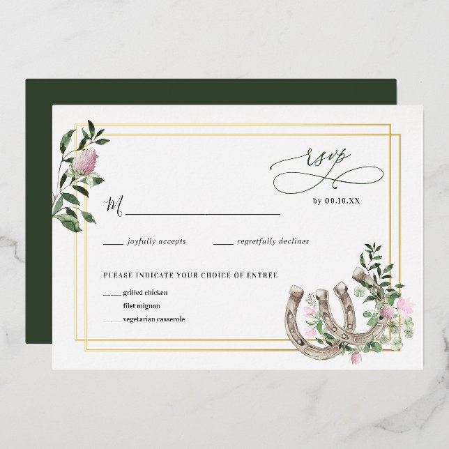 Eleganter Clover Horseshoes Botanische Hochzeit RS Folieneinladung (Vorderseite/Rückseite)