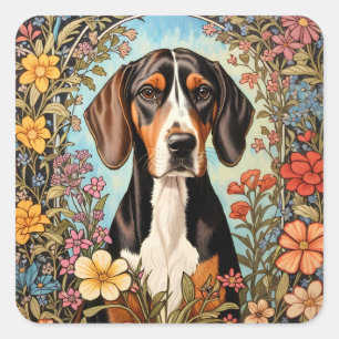 Eleganter Coonhound Buntes Florales Design Quadratischer Aufkleber