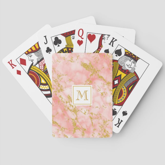 Eleganter Coral Marble Monogram Imitate Gold Glitz Spielkarten (Rückseite)