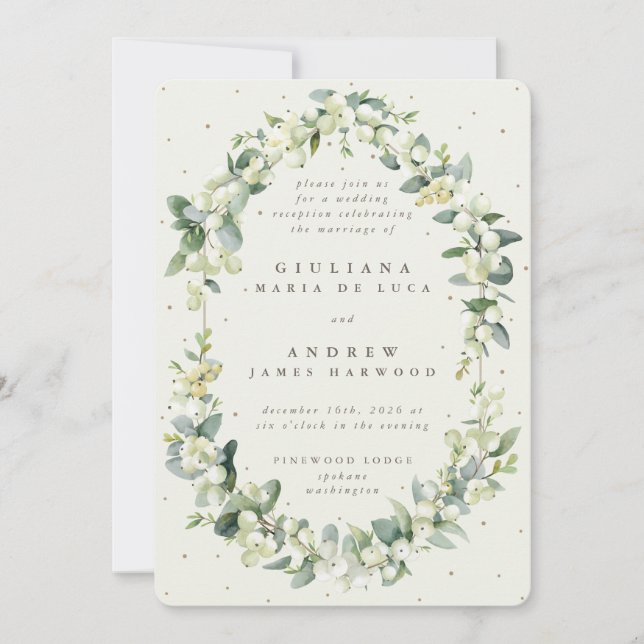 Eleganter Cream Snowberry+Eukalyptus Empfang Einladung (Vorderseite)