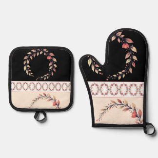 Eleganter cremefarbener Rosenlehm und Schwarz Ofenhandschuh & Topflappen-Set