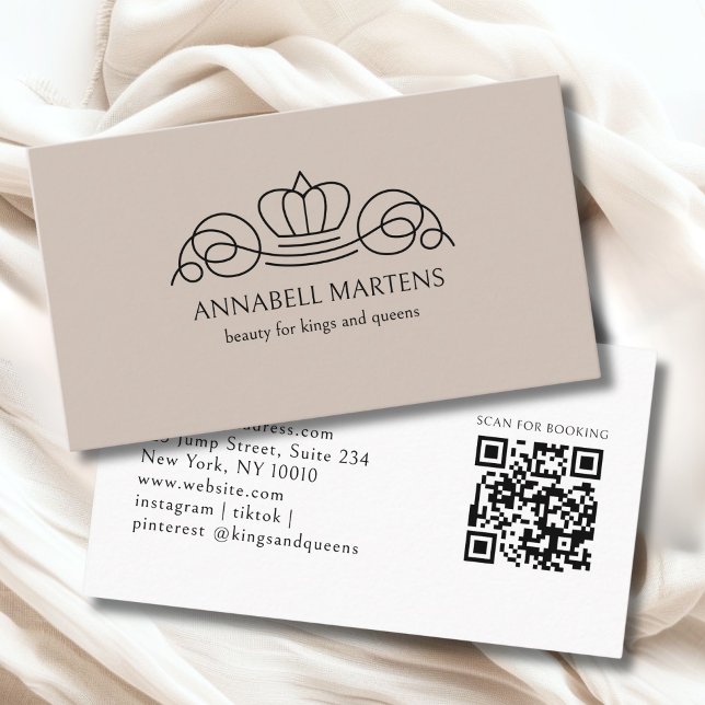 Eleganter Crown Salon Hellbrauner QR-Code Visitenkarte (Elegant Crown Salon Light Brown QR Code Business Card)