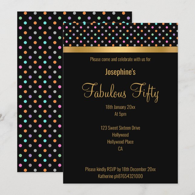 ELEGANTER CUSTOM FABULOUS BEI 50 POLKA DOT BLACK EINLADUNG (Vorne/Hinten)