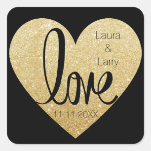 Eleganter Custom Glitzer Gold LIEBE Black Wedding Quadratischer Aufkleber