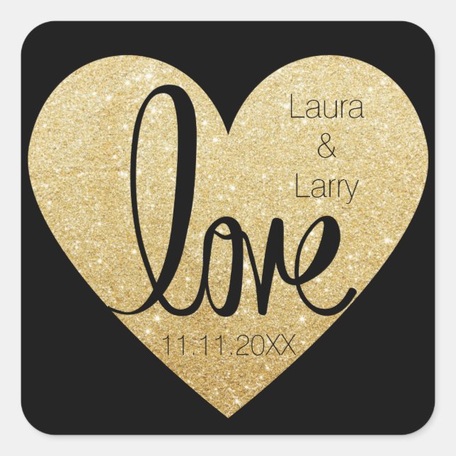 Eleganter Custom Glitzer Gold LIEBE Black Wedding Quadratischer Aufkleber (Vorderseite)