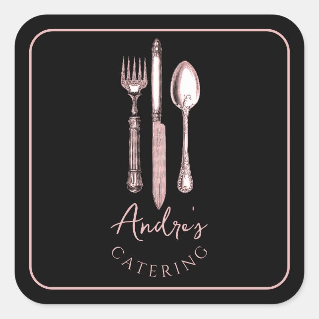 Eleganter Cutlery Logo Catering Schwarz Quadratischer Aufkleber (Vorderseite)
