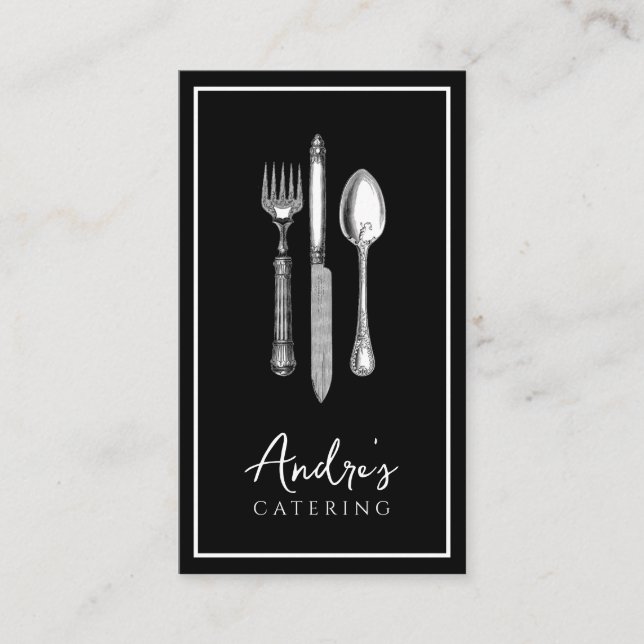 Eleganter Cutlery Logo Catering Schwarz Visitenkarte (Vorderseite)