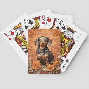 Eleganter Dachshund und Ringelblumen Spielkarten