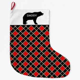 Eleganter Daddy Bär auf Schwarz-Rot-Diamantmuster Großer Weihnachtsstrumpf