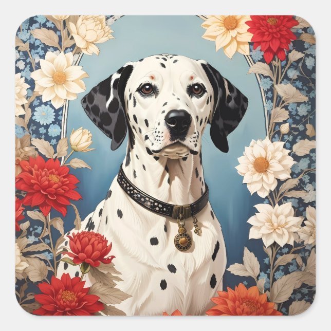 Eleganter Dalmatiner mit Dahlia-Blume Quadratischer Aufkleber (Vorderseite)