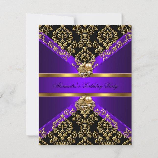 Eleganter Damask Lila Gold Black Birthday Einladung (Vorderseite)